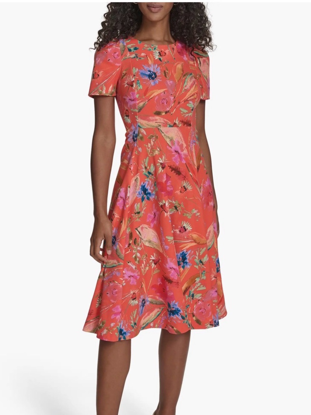 Calvin Klein Orange Floral Short Sleeve Midi Sheath Dress - Womens Size 6 EUC